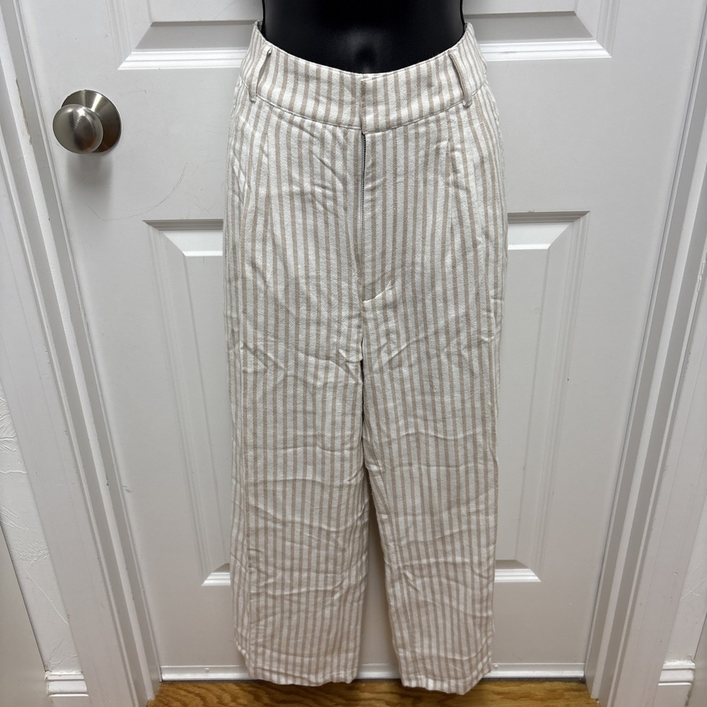 ABERCROMBIE & FITCH Women's‎ Linen Viscose Tan White Striped Cropped Trousers